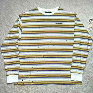 🔥Betweenand Striped Long Sleeve Shirt Medium Yellow Black White Splatter Design